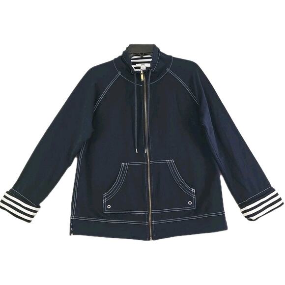 Anne Klein Sport ~Woman Size L~ Navy Blue White Stripes Nautical Jacket Zip-Up. - Picture 1 of 14